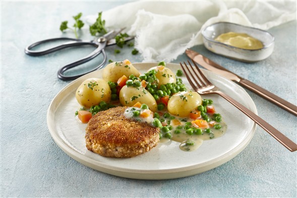 Karbonader m/ stuvede ærter og gulerødder